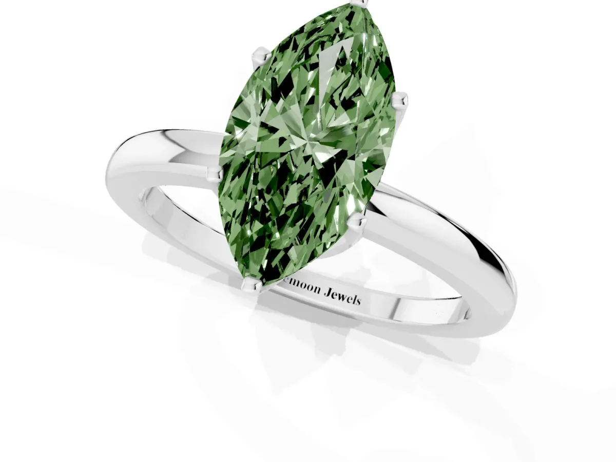 Fancy Green Marquise Cut Solitaire Diamond Ring with Six-Prong Setting on a Classic Band Silver