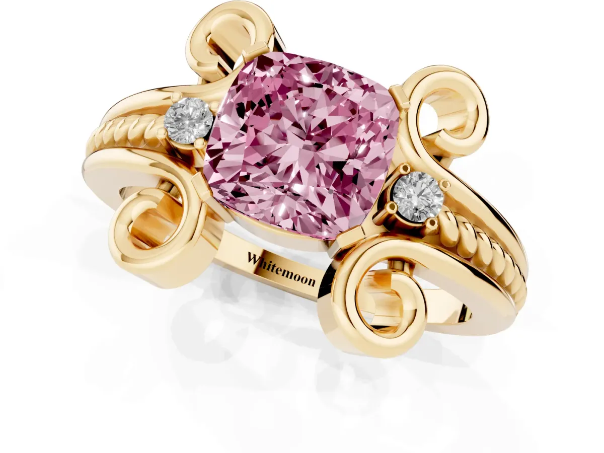 Fancy Pink Cushion Cut Solitaire Twisted Band Scroll Prong Ring Yellow gold