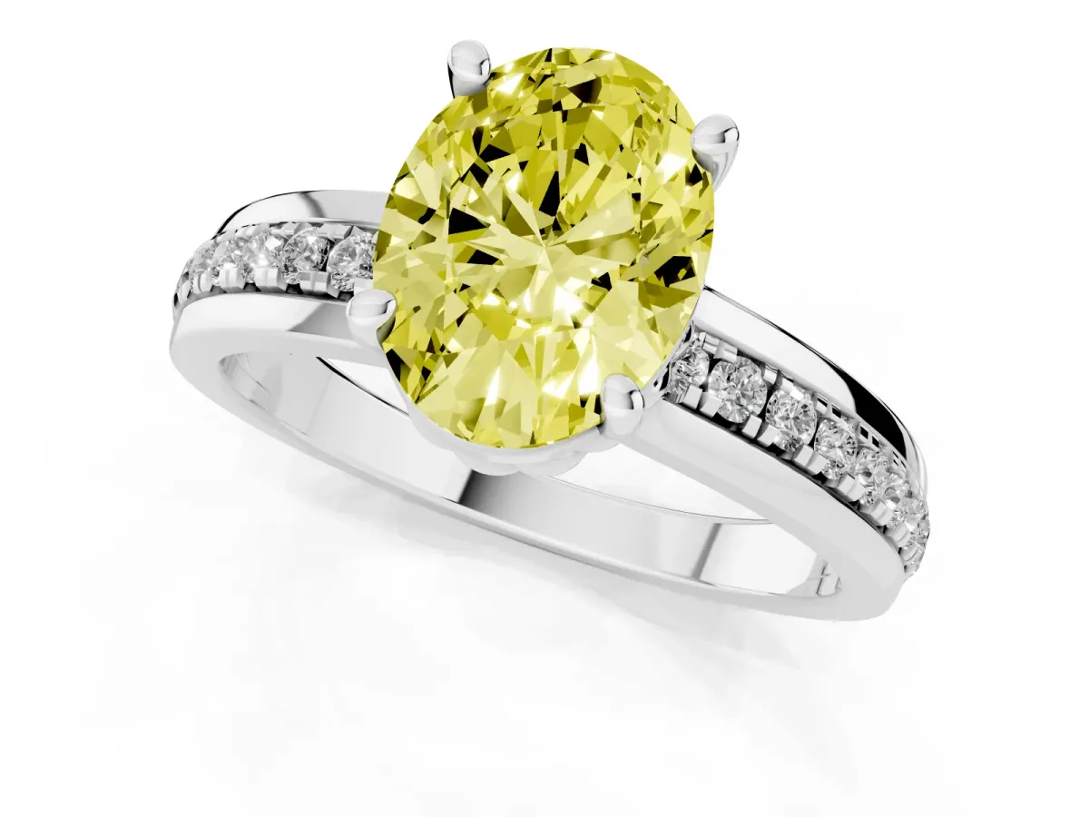 Fancy Yellow Oval Cut Solitaire Diamond Ring with Channel Set Band and Six-Prong Setting Silver