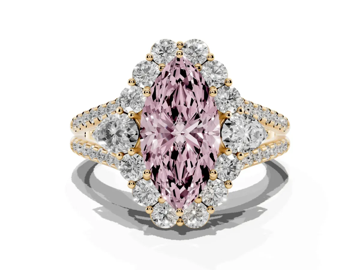 Fancy Pink Marquise Cut Halo Split Shank Diamond Engagement Ring with Prong Setting Yellow gold