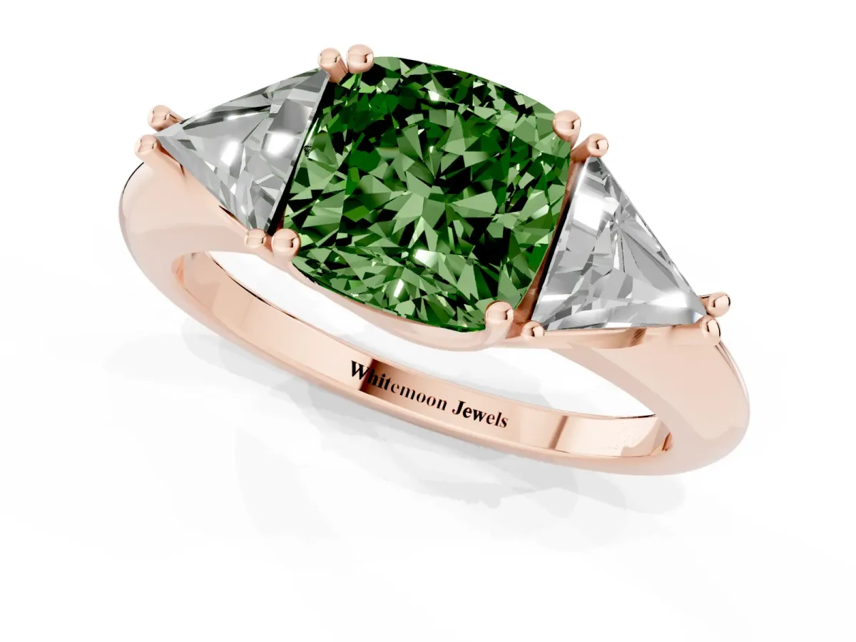 Fancy Green Three-Stone Cushion Cut Diamond Engagement Ring with Trillion Side Stones and Prong Setting Rose gold