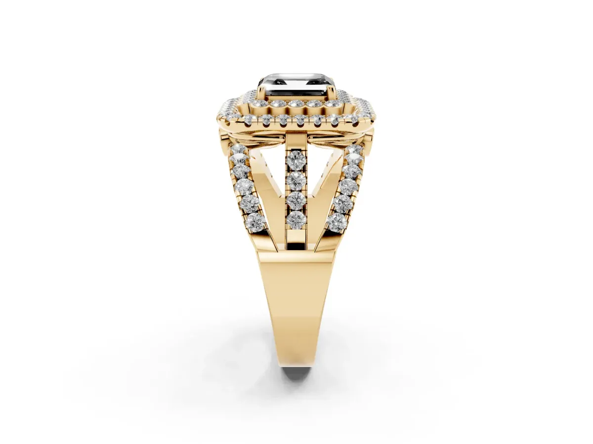 Fancy Black Asscher Cut Diamond Double Halo Ring with Round Pavé Split Shank and Prong Setting Yellow gold
