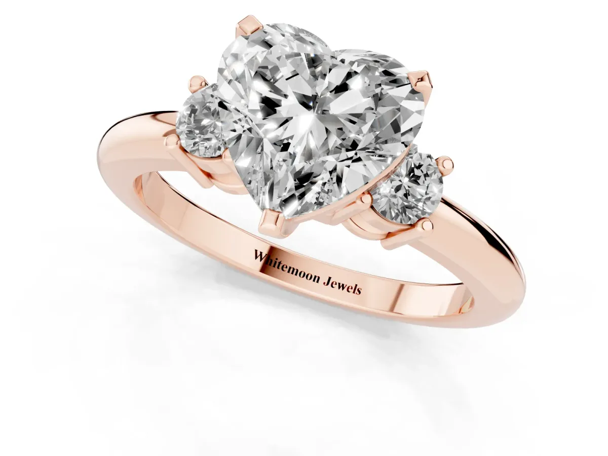 Three-Stone Heart Cut Cut Diamond Solitaire with Prong Setting and Classic Band Rose gold