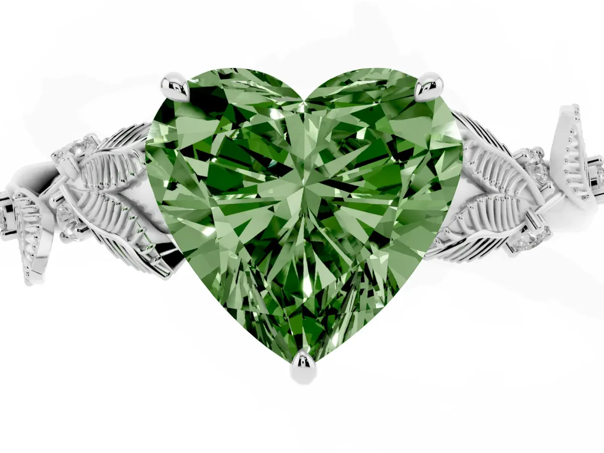 Fancy Green Heart Cut Diamond Solitaire Ring with Leaf Motif Band and Four-Prong Setting Silver