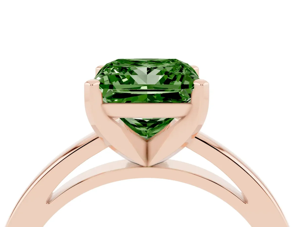 Fancy Green Princess Cut Solitaire Diamond Engagement Ring with Four-Prong Setting on a Classic Band Rose gold