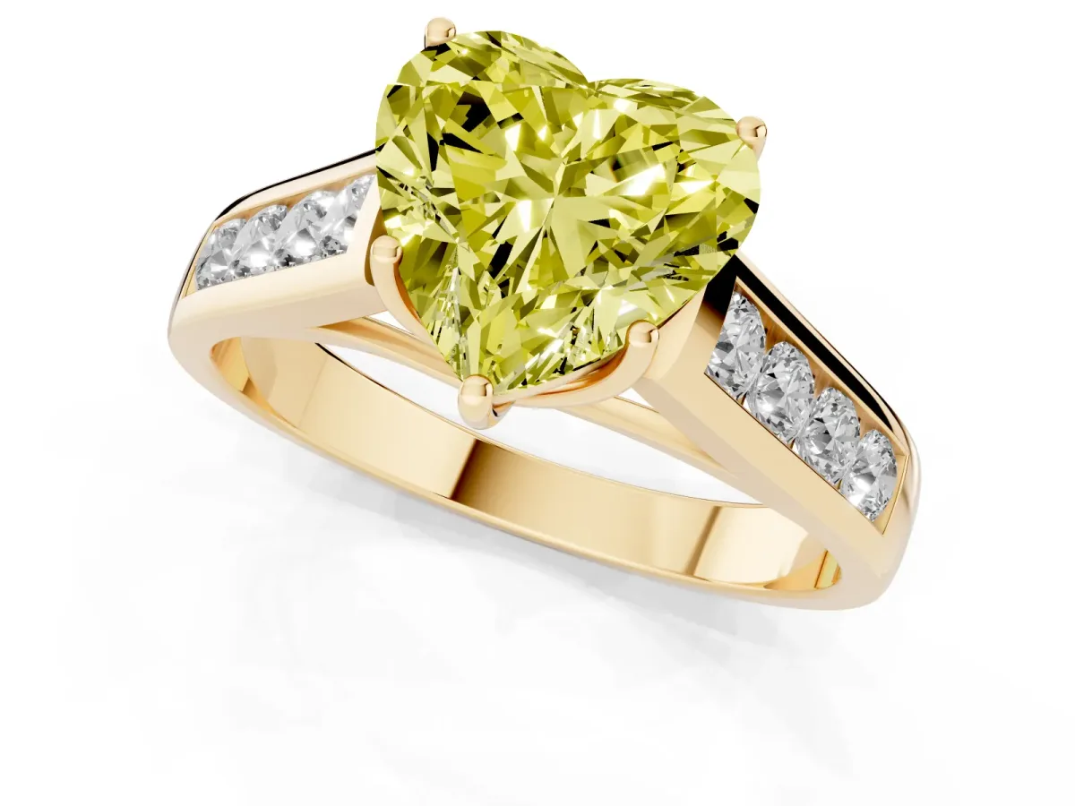Fancy Yellow Heart Cut Solitaire Channel-Set Diamond Engagement Ring with Four-Prong Setting Yellow gold