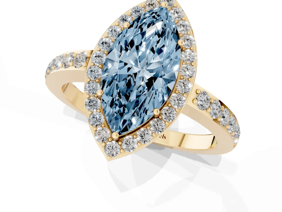 Fancy Blue Marquise Cut Halo Diamond Pavé Band Ring with Prong Setting Yellow gold