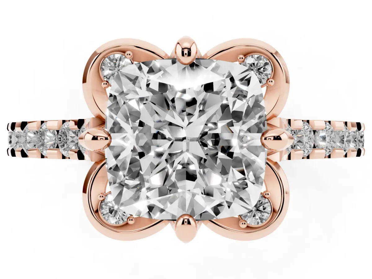 Cushion Cut Diamond Ring with Pavé Band and Floral Prong Setting Rose gold