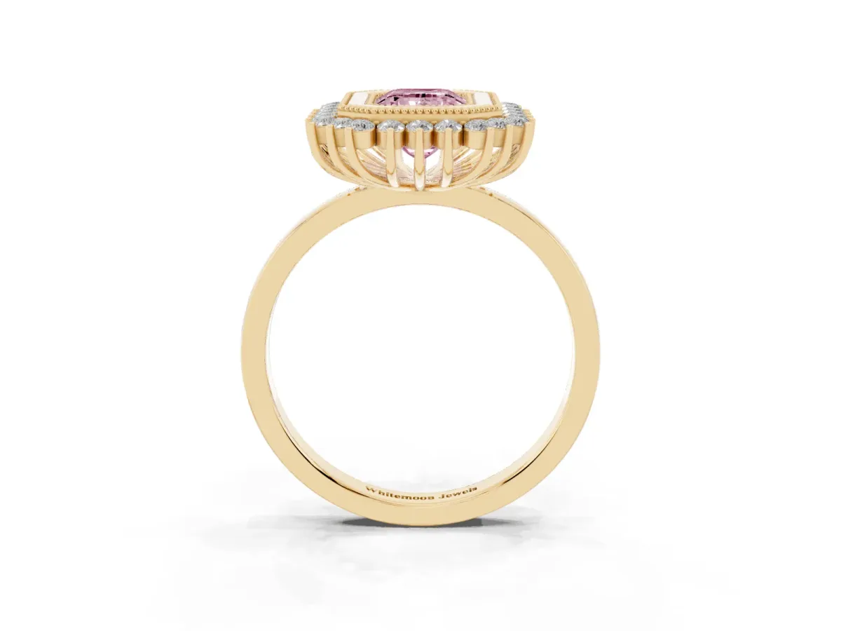 Fancy Pink Emerald Cut Halo Diamond Ring with Milgrain Edge and Round Prong Setting Yellow gold