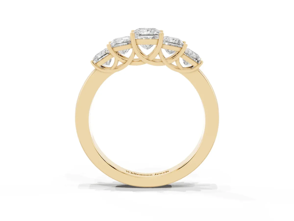 Princess Cut Five-Stone Diamond Ring with Classic Prong Setting Yellow gold