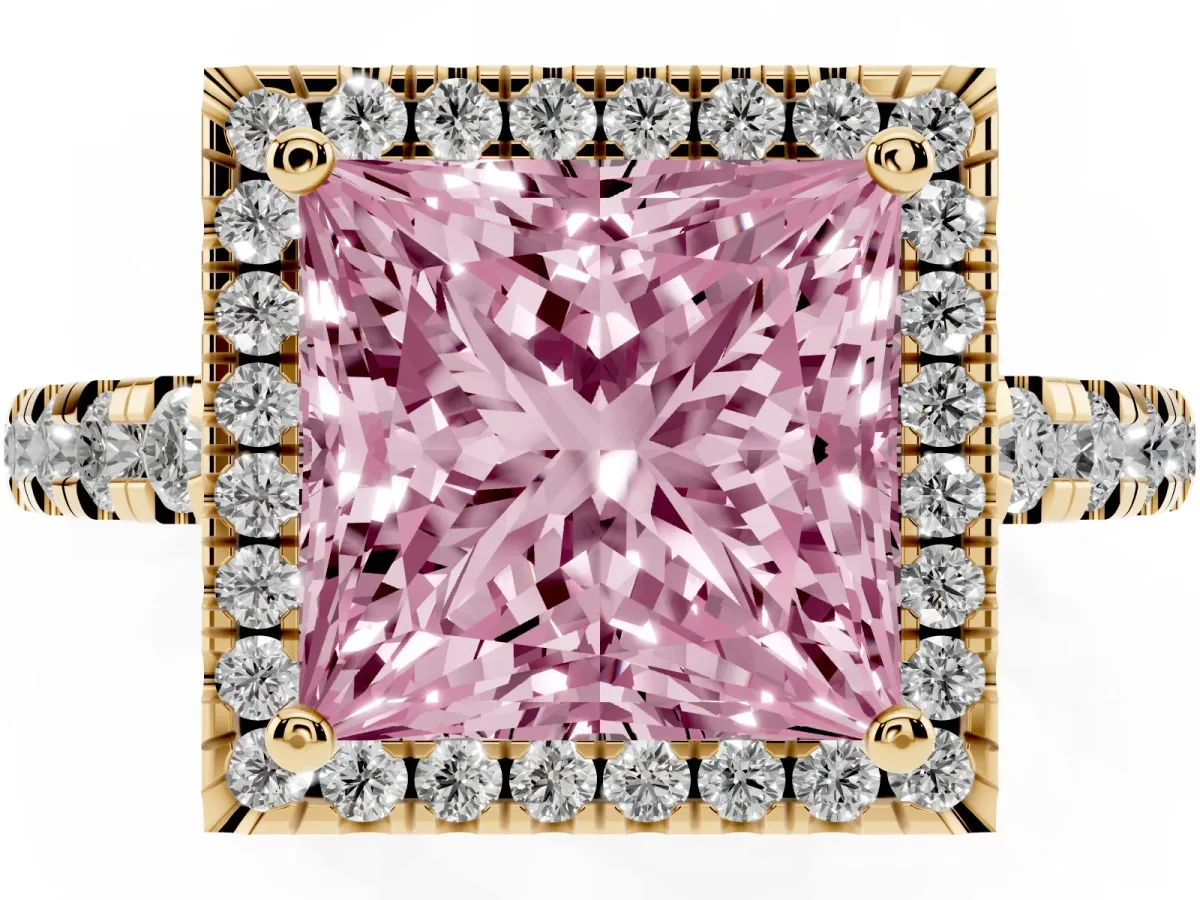 Fancy Pink Princess Cut Diamond Halo Ring with Pavé Band and Four-Prong Setting Yellow gold