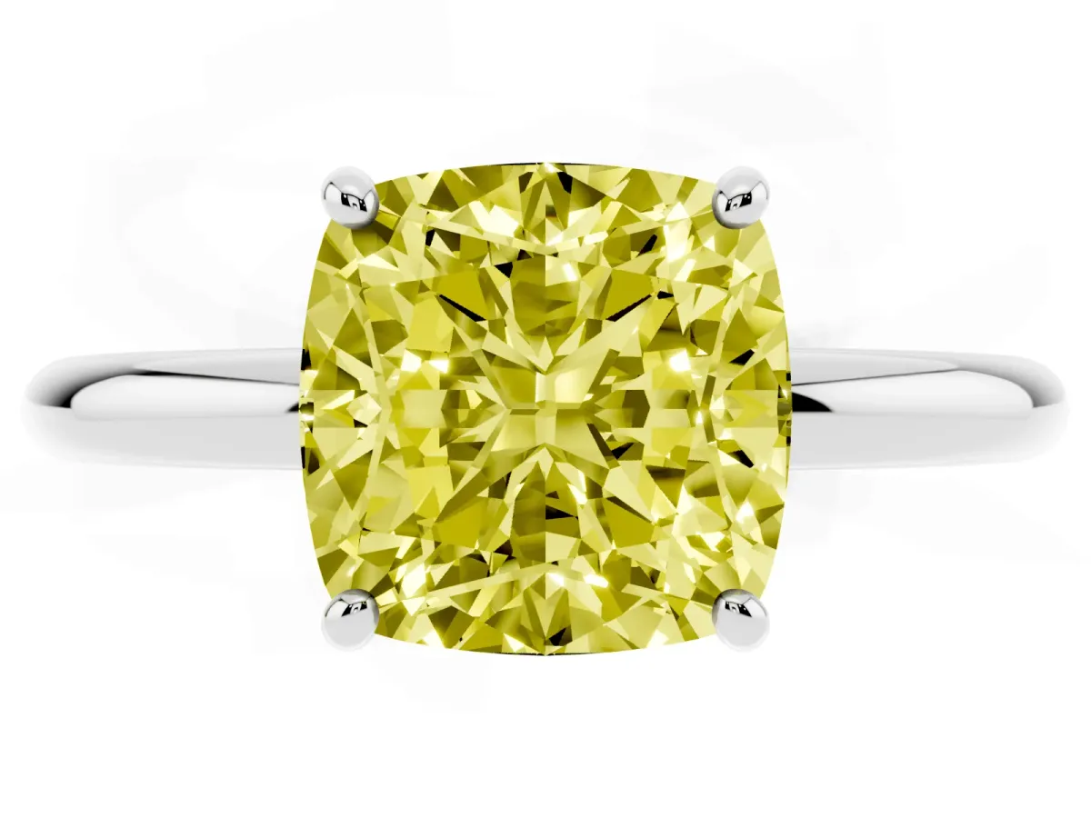 Fancy Yellow Cushion Cut Solitaire Diamond Ring with Four-Prong Setting on a Plain Band Silver