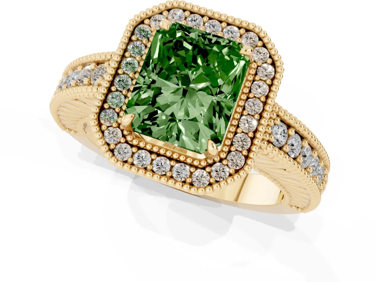 Fancy Green Radiant Cut Cut Halo Diamond Ring with Pavé Band and Four-Prong Setting Yellow gold