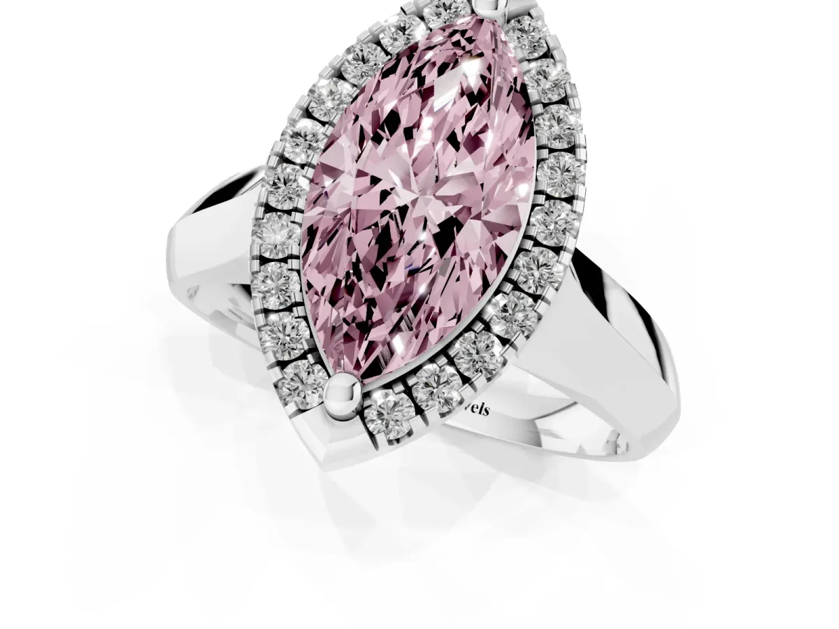 Fancy Pink Marquise Cut Cut Halo Solitaire Engagement Ring with Square Band and Four-Prong Setting Platinum