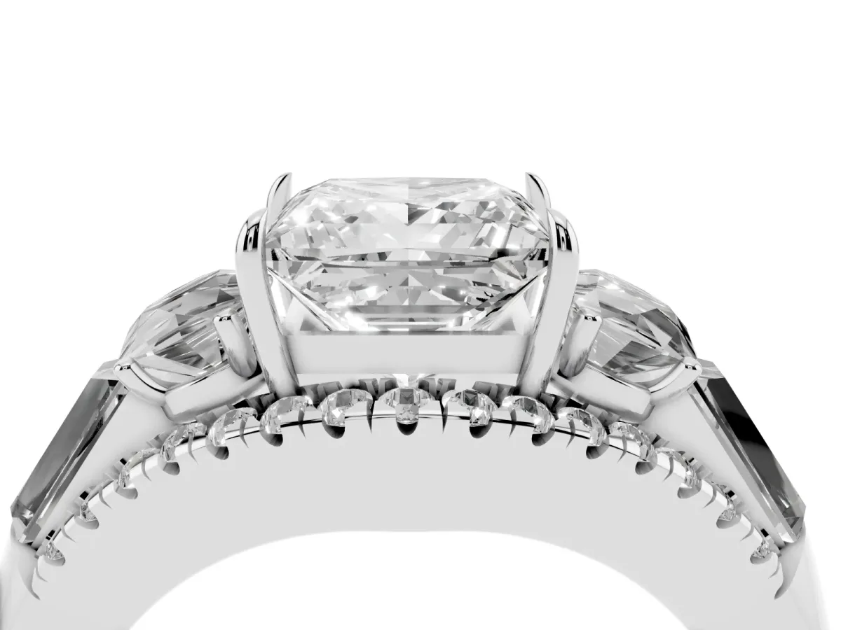 Three-Stone Princess Cut Diamond Engagement Ring with Pave Band and Prong Setting Silver