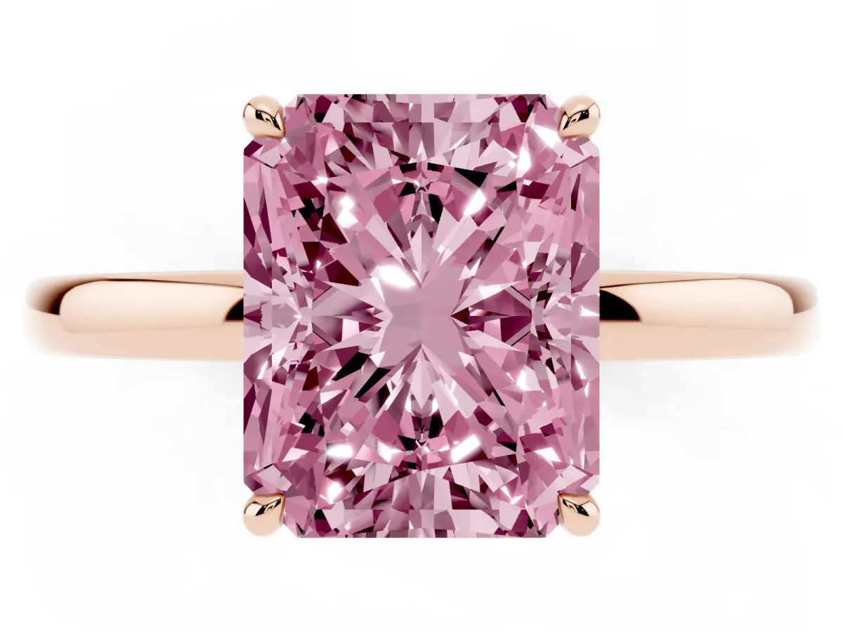 Fancy Pink Radiant Cut Solitaire Engagement Ring with Cathedral Band and Four-Prong Setting Rose gold