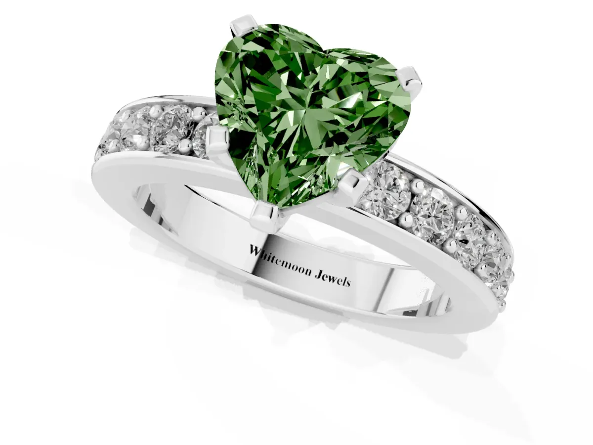 Fancy Green Heart Cut Diamond Engagement Ring with Channel Set Round Band and Prong Setting Platinum