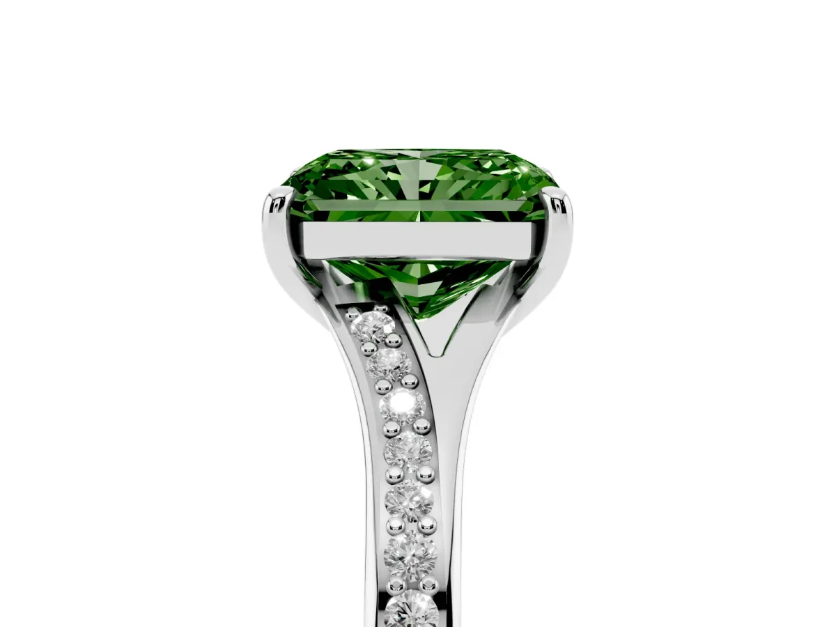 Fancy Green Radiant Cut Diamond Solitaire Ring with Pavé Band and Prong Setting Silver