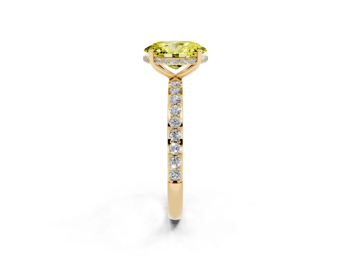 Fancy Yellow Oval Cut Diamond Solitaire Ring with Pavé Band and Hidden Halo Yellow gold