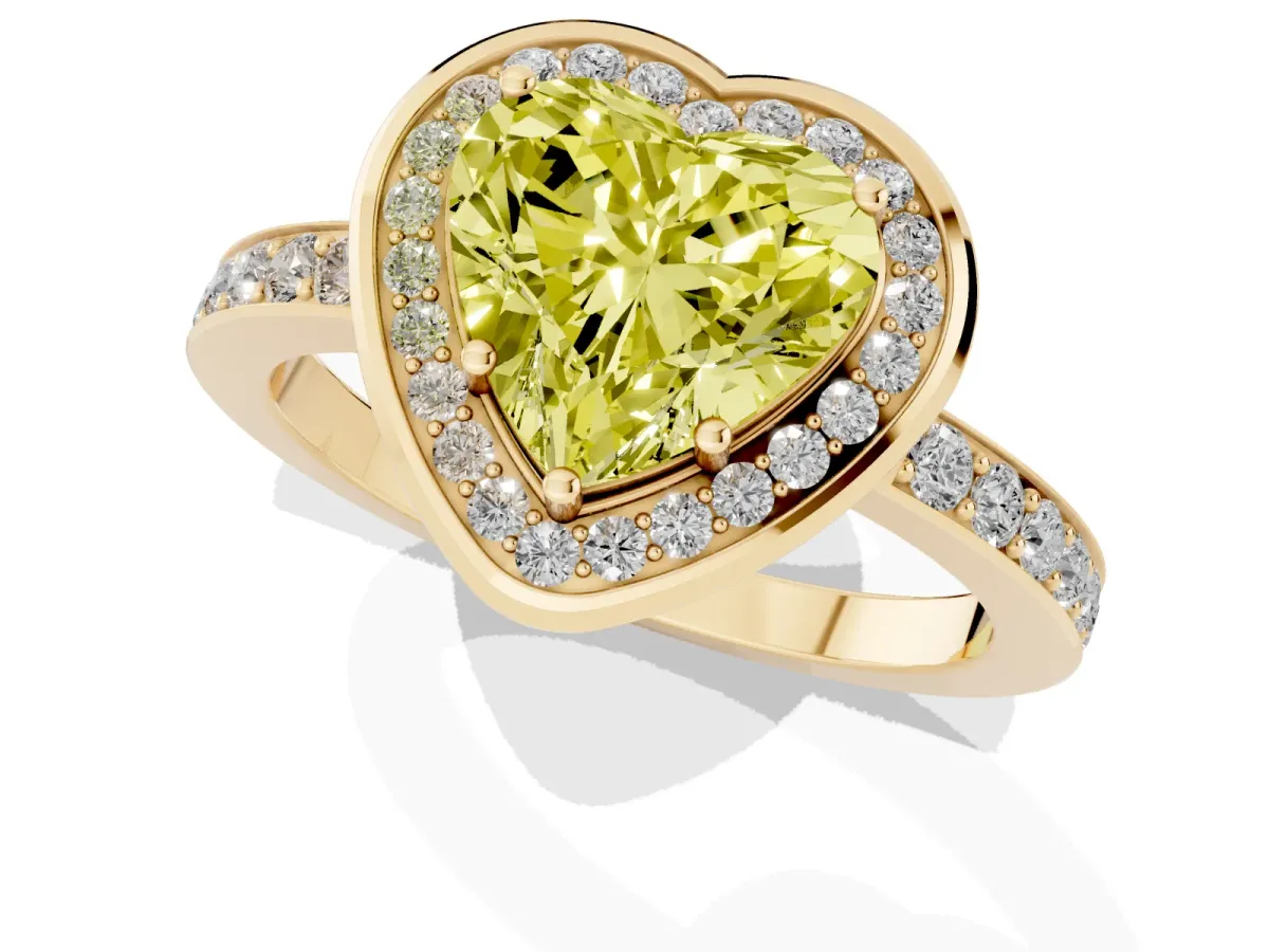 Fancy Yellow Heart Cut Diamond Halo Ring with Bezel Frame and Pavé Band Yellow gold