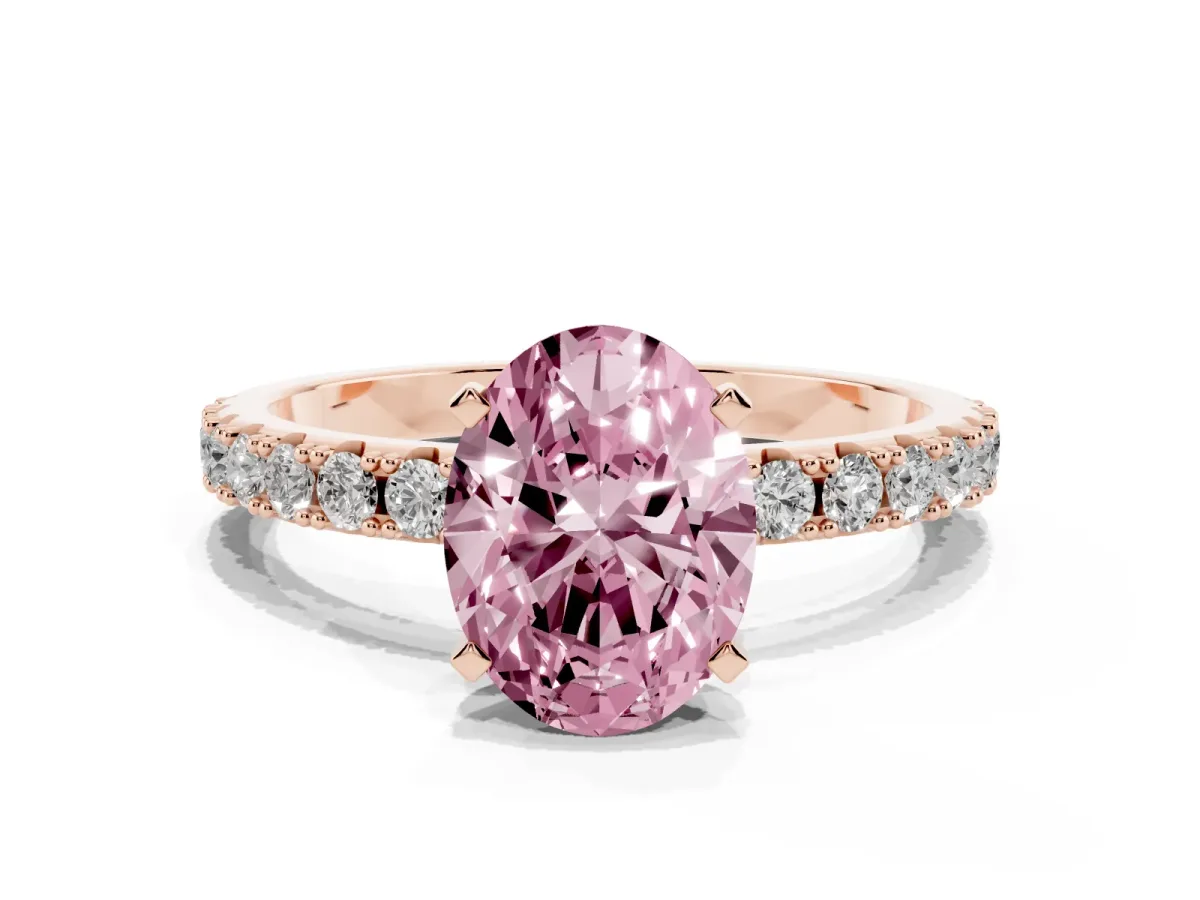 Fancy Pink Oval Cut Diamond Solitaire Pavé Band with Four-Prong Setting Rose gold