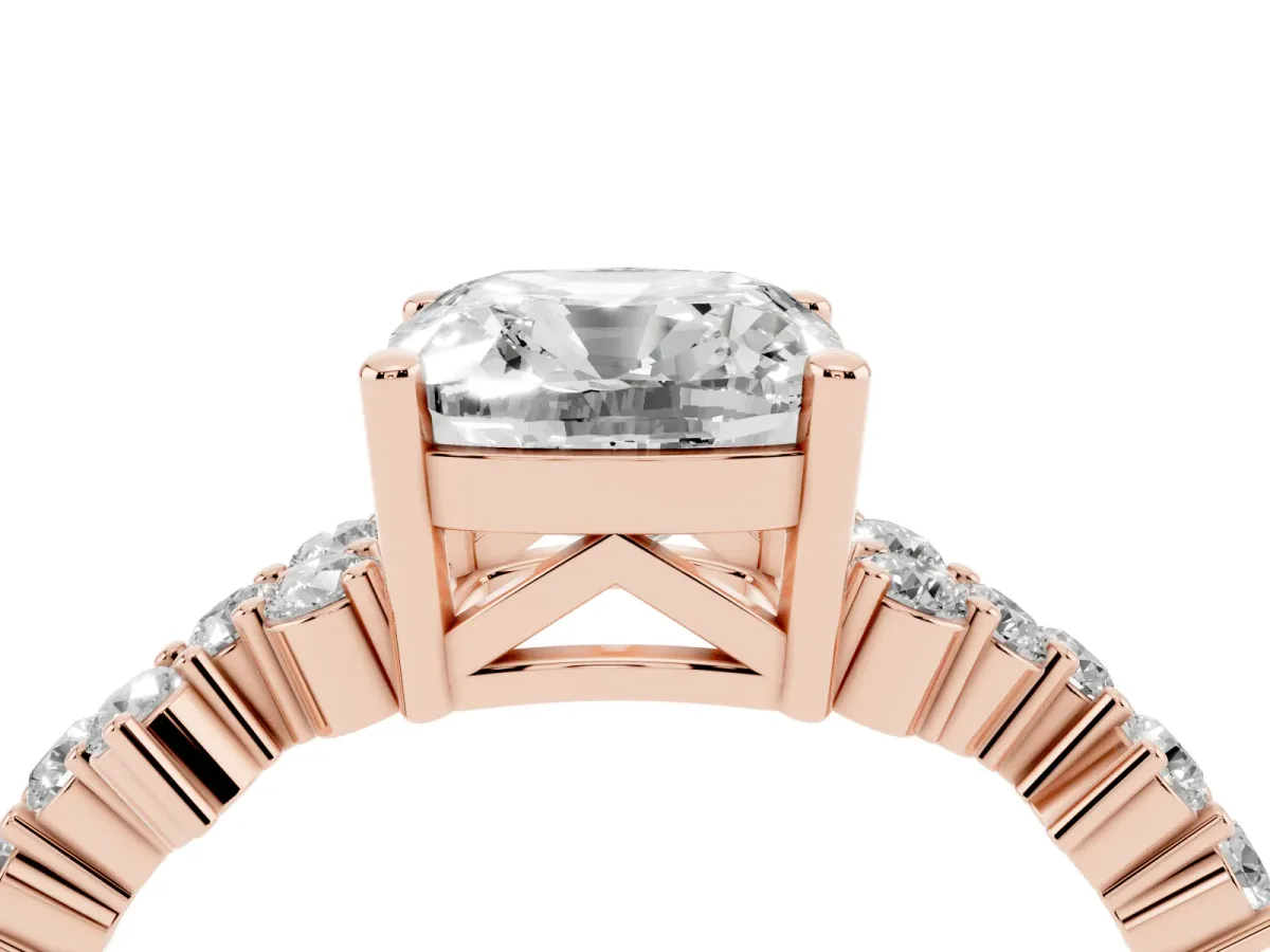 Cushion Cut Diamond Scattered Round Accent Ring with Prong Setting Rose gold