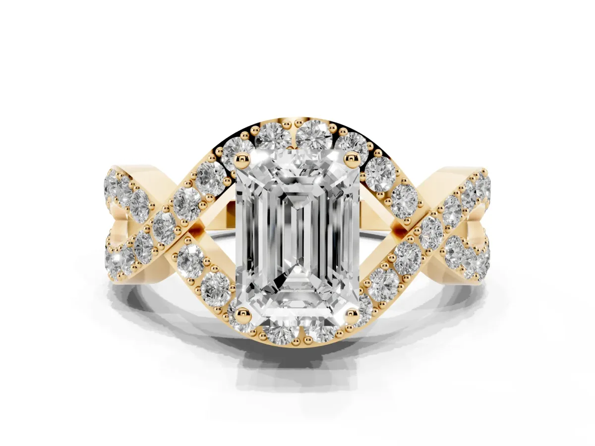 Emerald Cut Solitaire Twist Band Pavé Diamond Engagement Ring Yellow gold