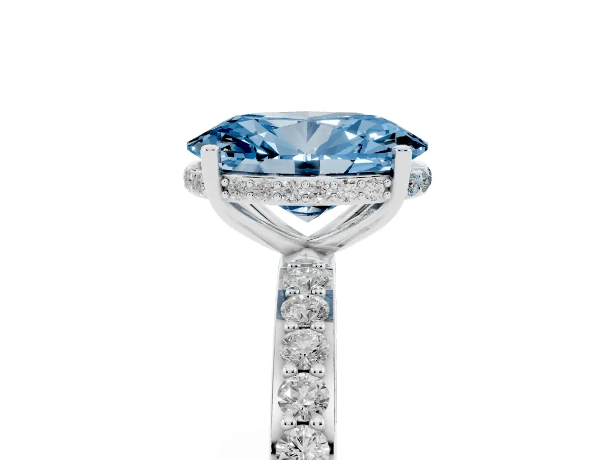 Fancy Blue Oval Cut Diamond Solitaire Ring with Pavé Band and Hidden Halo Silver