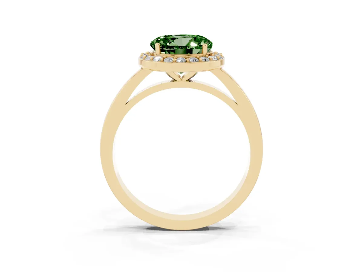 Fancy Green Round Cut Halo Diamond Ring with Solitaire Band and Prong Setting Yellow gold