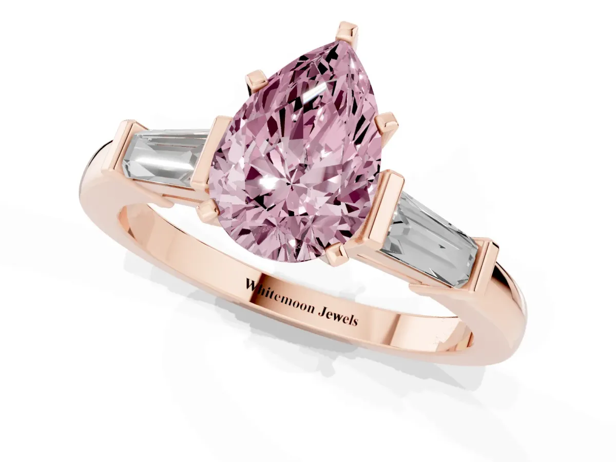 Fancy Pink Pear Cut Cut Diamond Solitaire Ring with Tapered Baguette Accents and Four-Prong Setting Rose gold
