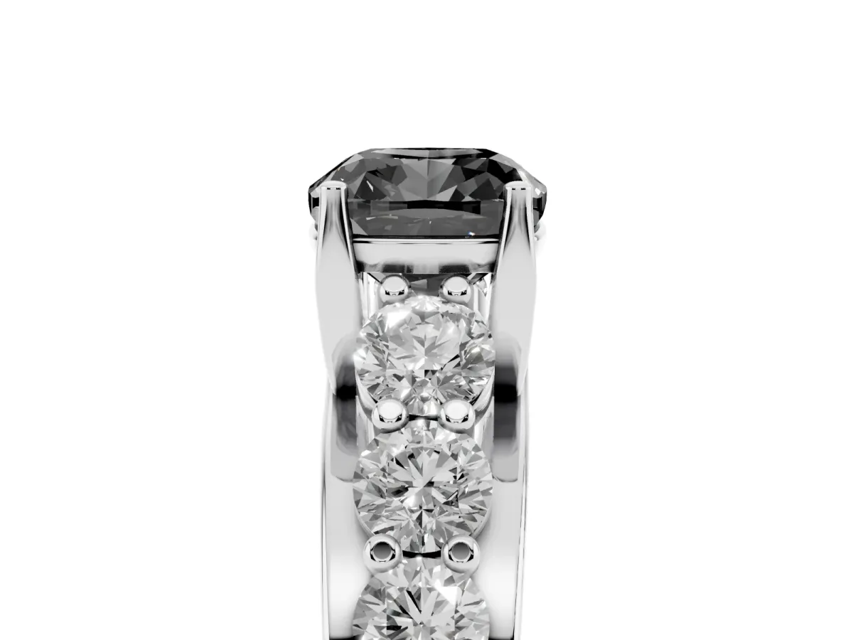 Fancy Black Cushion Cut Diamond Engagement Ring with Pavé Band and Four-Prong Setting Platinum