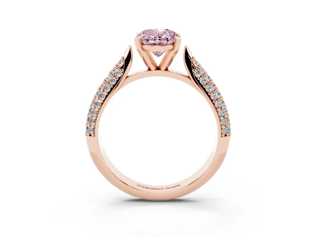 Fancy Pink Oval Cut Diamond Solitaire Engagement Ring with Multi-Row Round Pavé Band and Prong Setting Rose gold