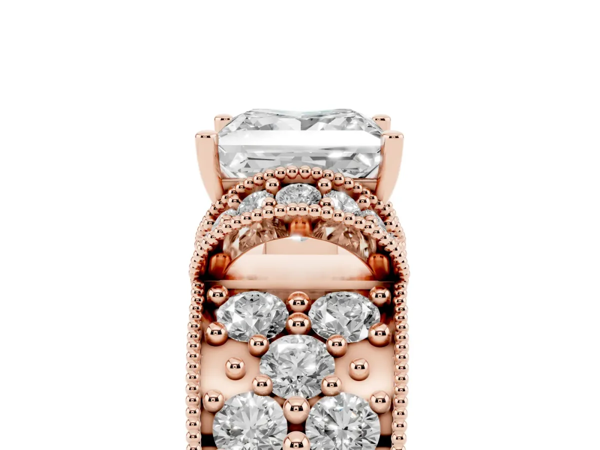 Princess Cut Halo Pave Diamond Engagement Ring with Milgrain Detailing Rose gold