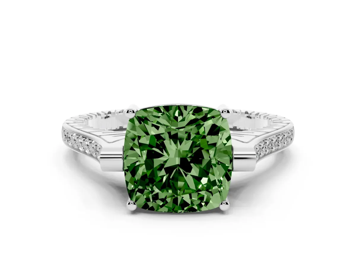Fancy Green Cushion Cut Solitaire Diamond Ring with Channel Set Band and Bezel Prong Setting Silver