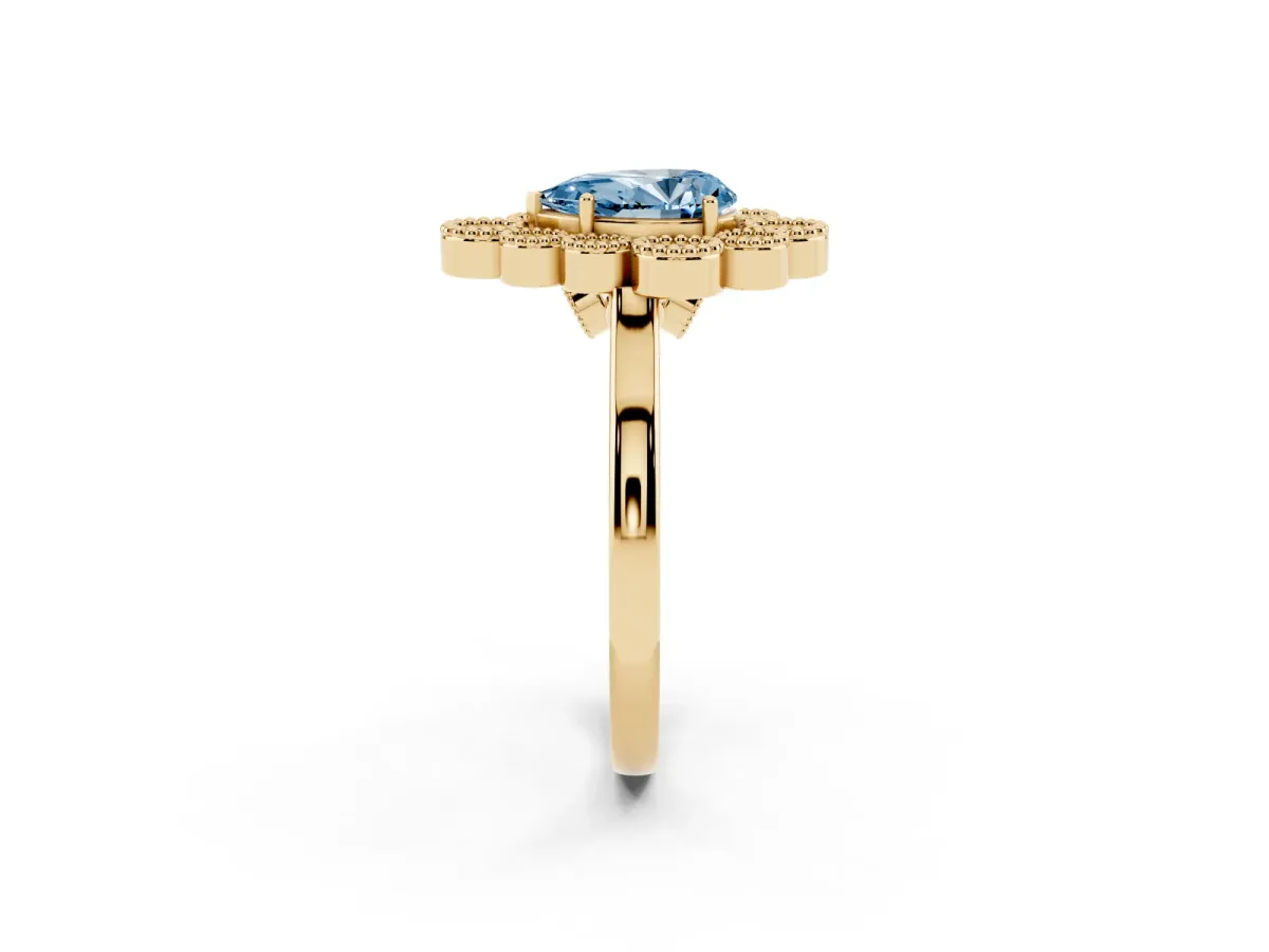 Fancy Blue Pear Cut Halo Diamond Cluster Engagement Ring with Milgrain Bezel Setting and Solitaire Band Yellow gold
