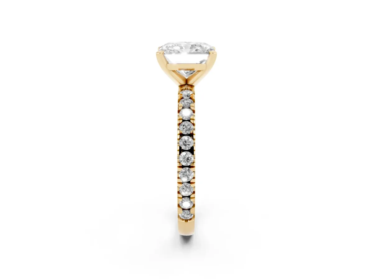 Radiant Cut Diamond Pavé Band Solitaire with Four-Prong Setting Yellow gold