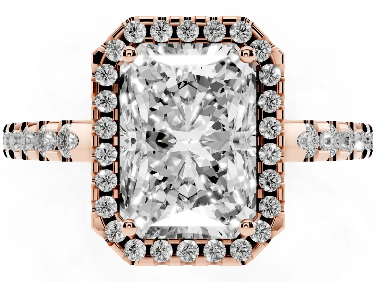 Radiant Cut Diamond Halo Engagement Ring with Pavé Band and Prong Setting Rose gold
