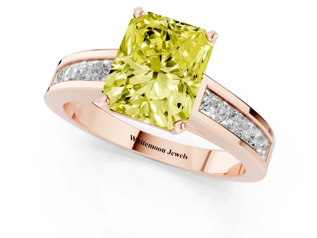Fancy Yellow Radiant Cut Solitaire Diamond Ring with Channel-Set Band and Four-Prong Setting Rose gold