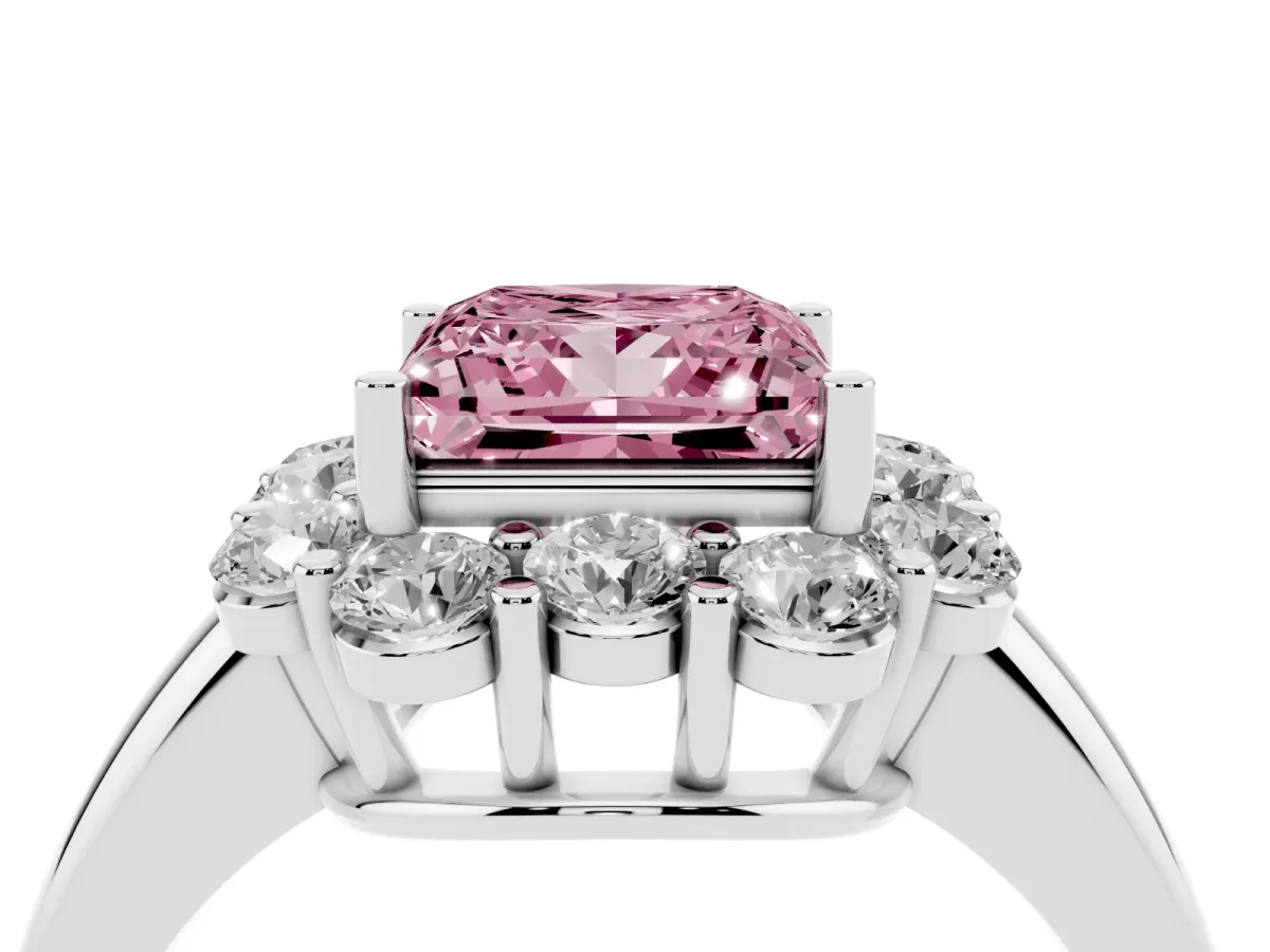 Fancy Pink Princess Cut Halo Milgrain Solitaire with Bezel Set Side Stones and Pave Band Platinum