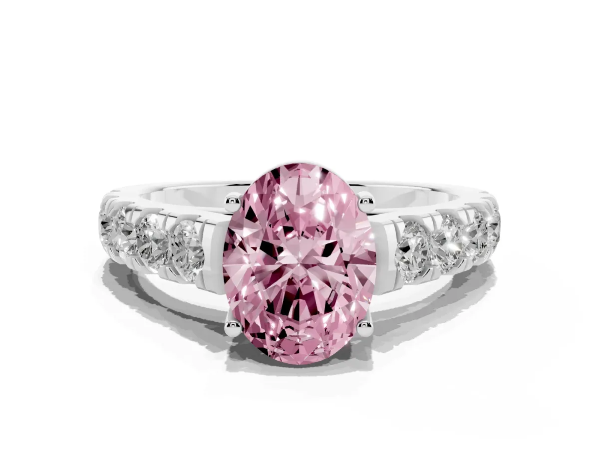 Fancy Pink Oval Cut Cut Diamond Solitaire Ring with Micro Pave Band and Prong Setting Silver