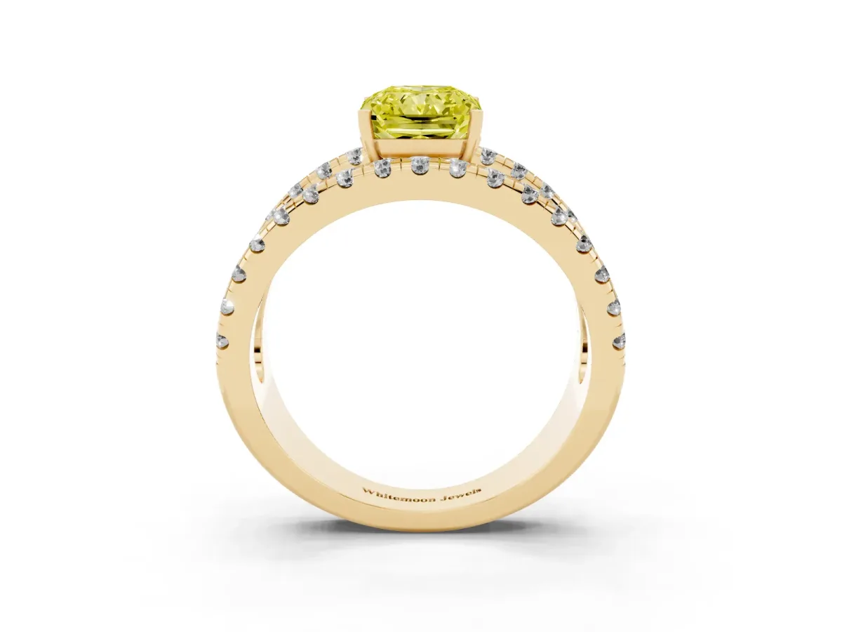 Fancy Yellow Radiant Cut Solitaire Split Shank Pave Diamond Ring Yellow gold