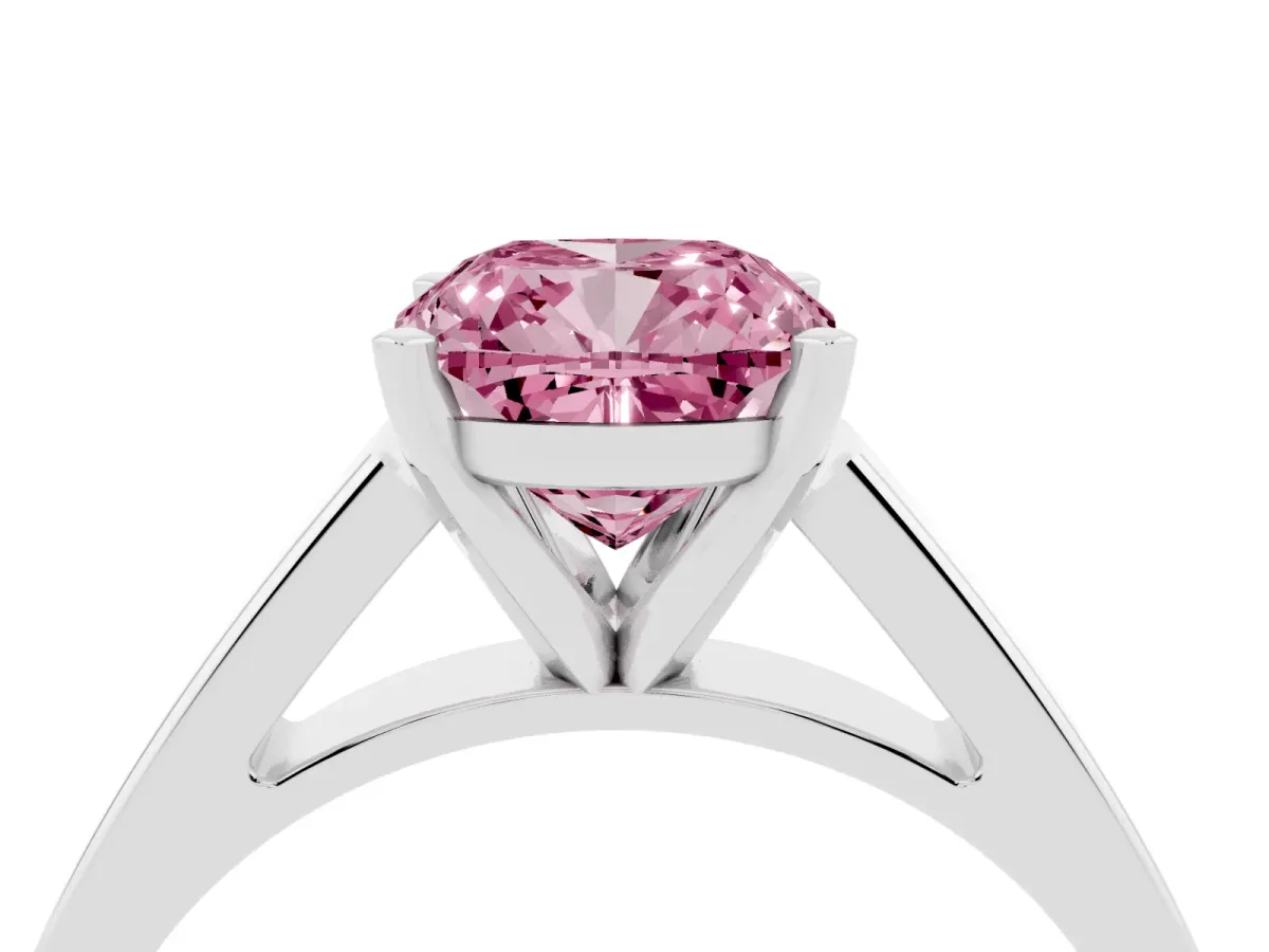 Fancy Pink Cushion Cut Solitaire Engagement Ring with Four-Prong Setting and Tapered Band Silver