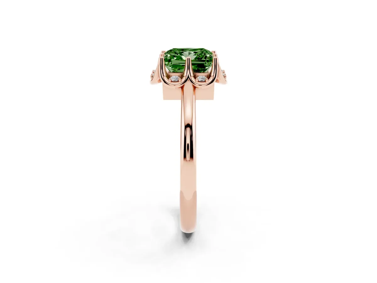 Fancy Green Princess Cut Halo Diamond Ring with Round Cluster Setting, Solitaire Band, and Four-Prong Setting Rose gold