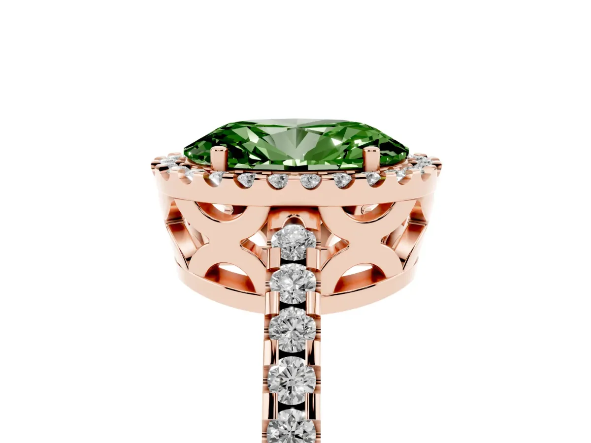Fancy Green Oval Cut Diamond Halo Engagement Ring with Pavé Band and Prong Setting Rose gold