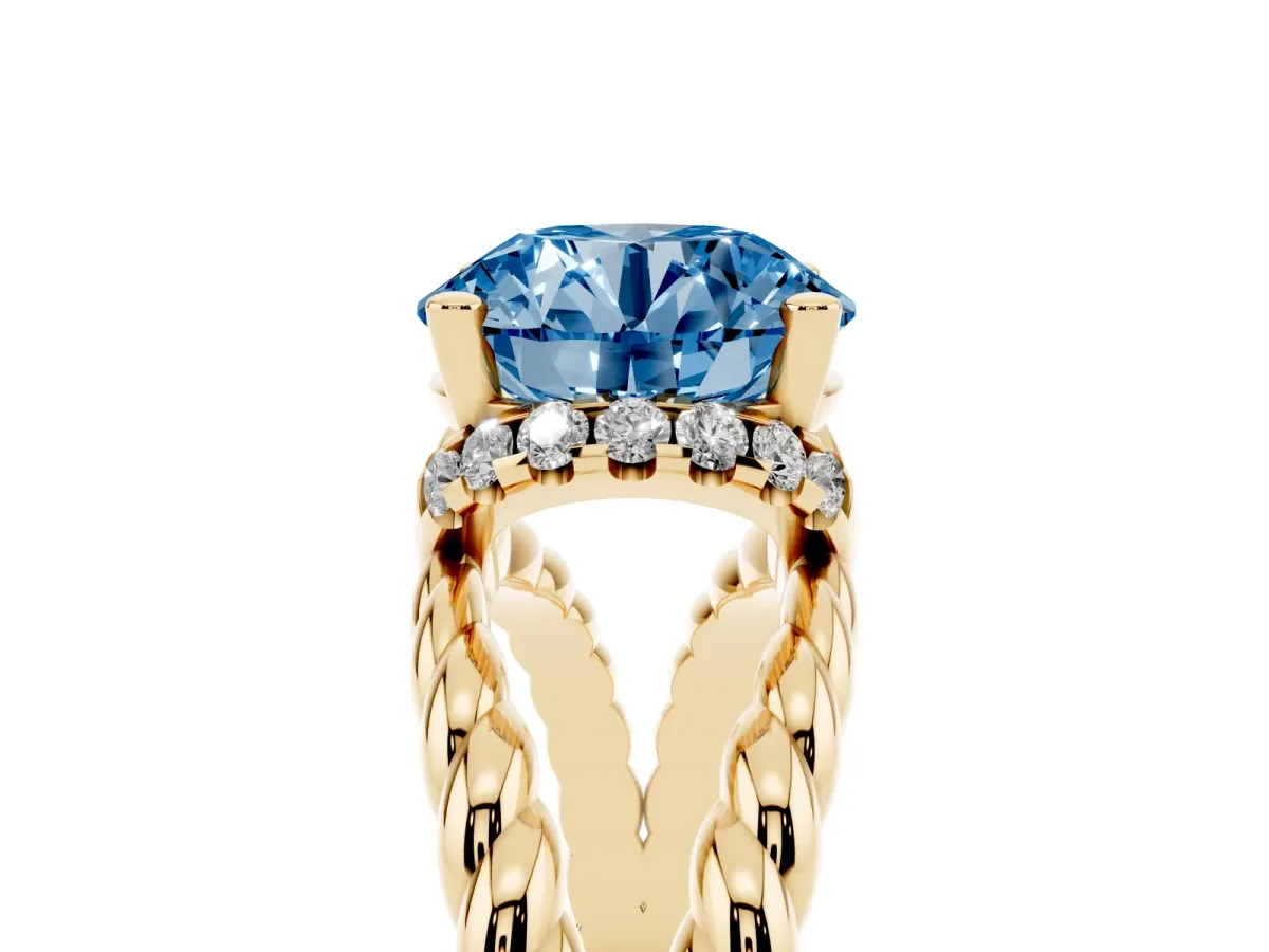 Fancy Blue Round Cut Halo Twisted Band Four-Prong Ring Yellow gold