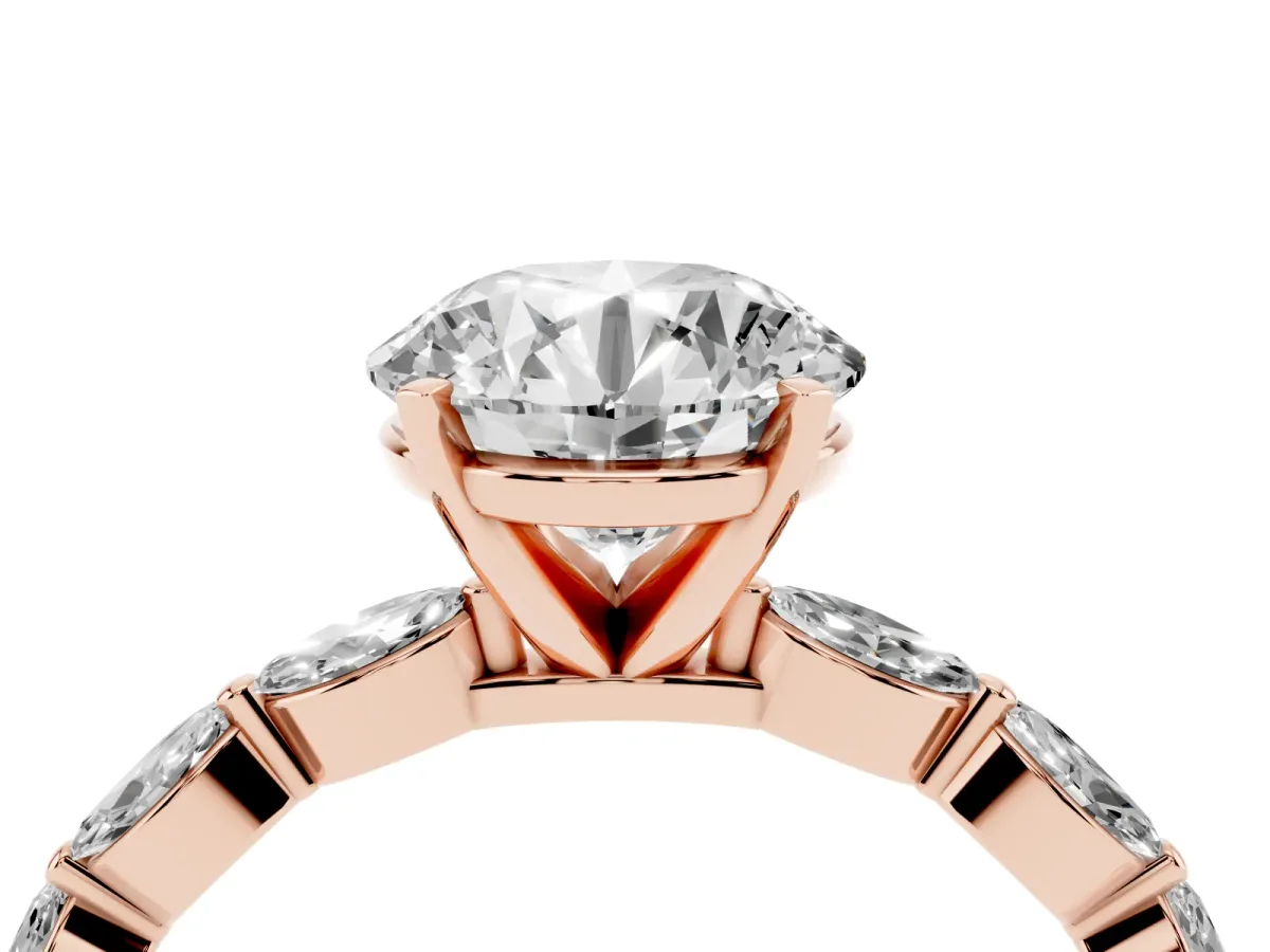 Round Cut Diamond Ring with Marquise Side Stones and Prong Setting Rose gold