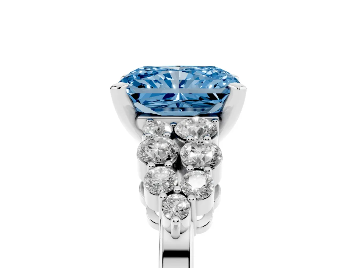 Fancy Blue Radiant Cut Cluster Diamond Engagement Ring with Pavé Band and Four-Prong Setting Silver