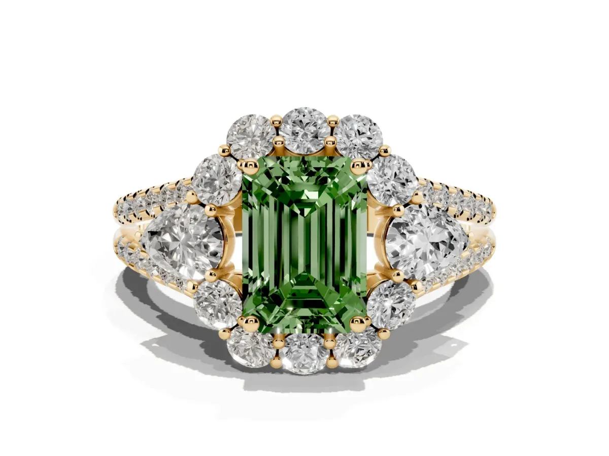 Fancy Green Emerald Cut Halo Split Shank Diamond Engagement Ring with Prong Setting Yellow gold