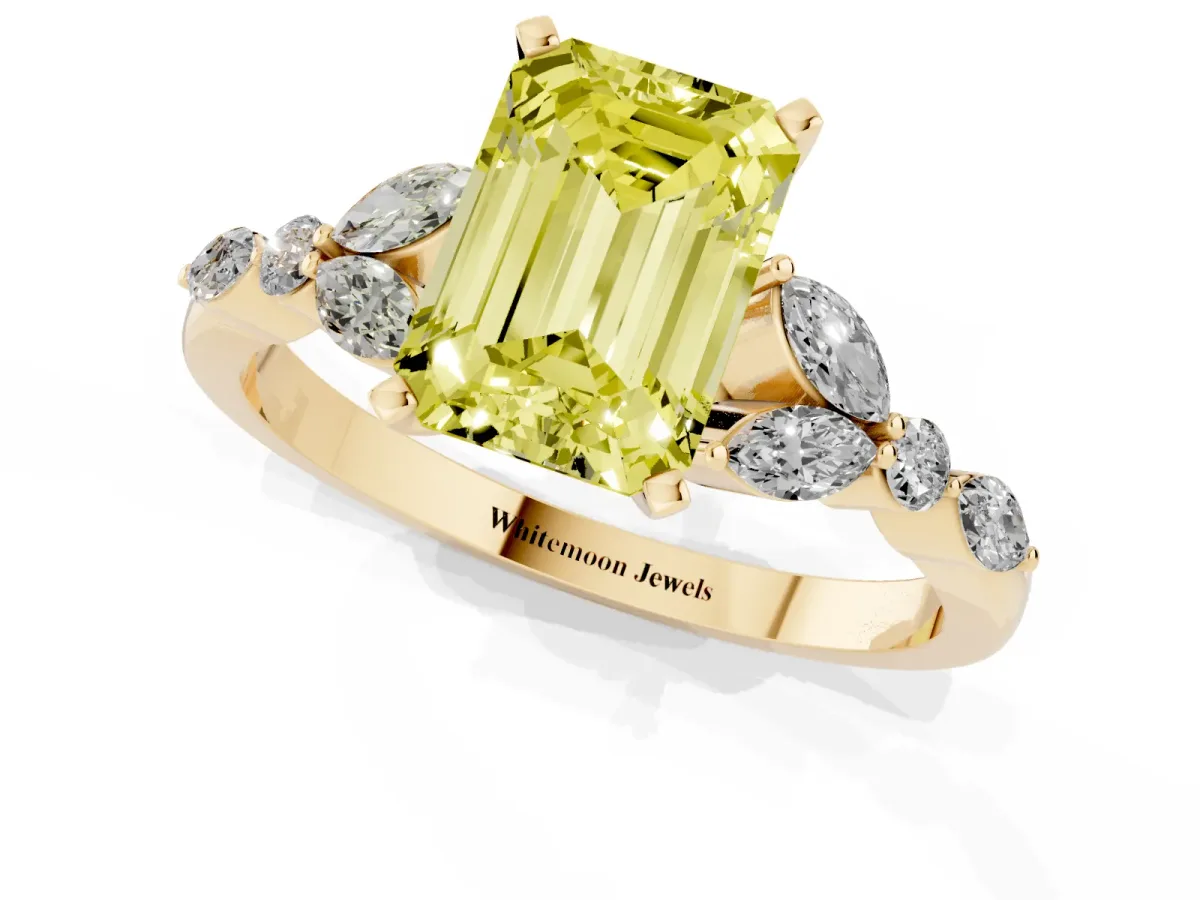 Fancy Yellow Emerald Cut Diamond Solitaire Ring with Side Stones and Four-Prong Setting Yellow gold