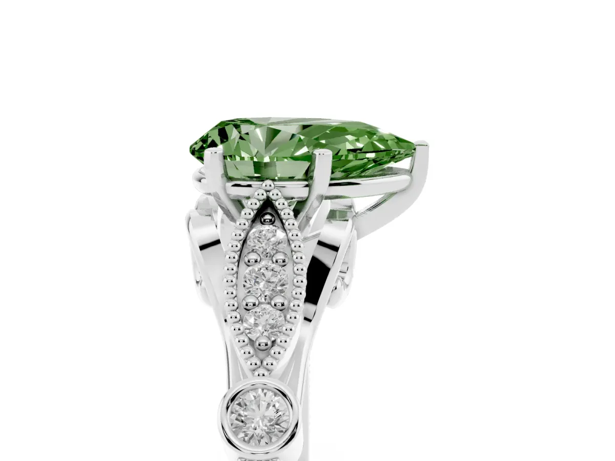 Fancy Green Pear Cut Cut Diamond with Milgrain Marquise and Bezel Accents on a Solitaire Band with Prong Setting Platinum